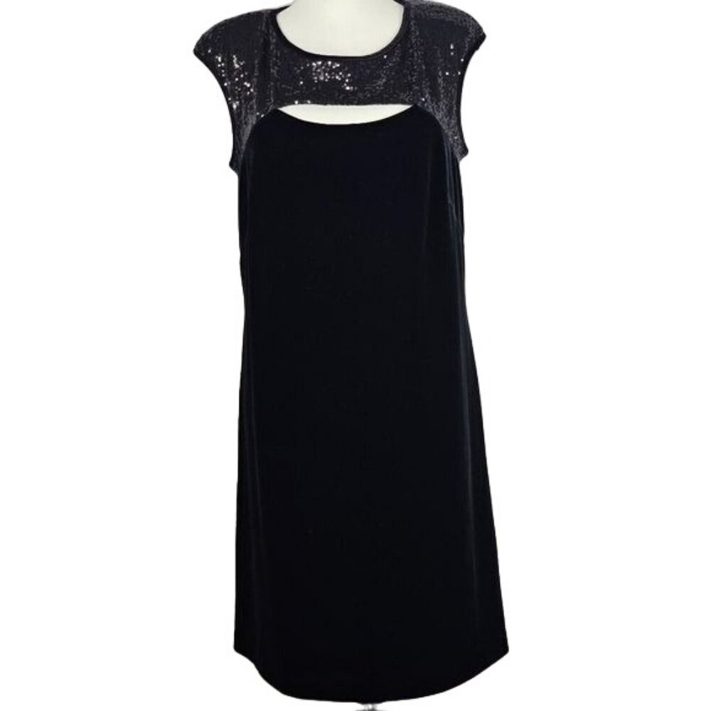 Laundry by Design Velvet Sequin Shift Dress 12 Black Cap Sleeves Cocktail Formal